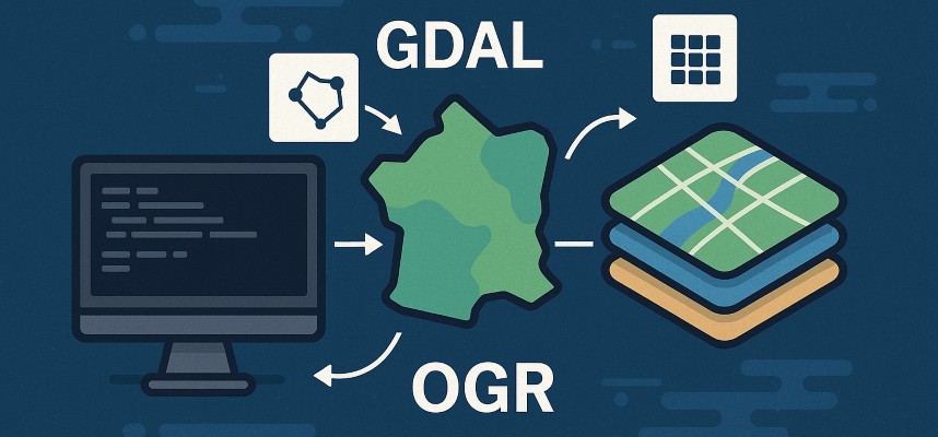 Illustration showing GIS data processing with GDAL and OGR: a screen with command line tools, a map, and stacked raster layers representing geospatial files.
