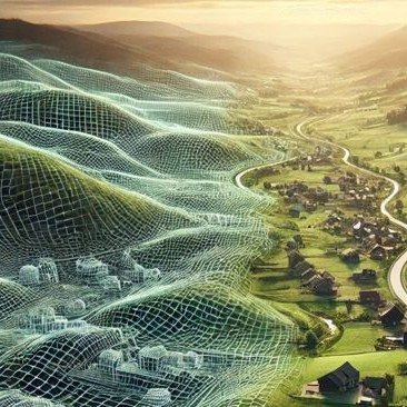 A rural scene featuring a winding road, lush fields, and a small village, enhanced with a 3D visualization of the terrain's topography