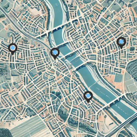 Stylized map of a city showing a network of roads and rivers, with several blue markers indicating specific locations—likely points of interest or analysis zones.