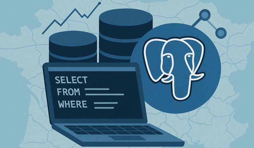 Illustration of PostgreSQL database concept showing the elephant logo, database icons, and a laptop displaying SQL commands SELECT, FROM, WHERE on a blue background with data visualization elements