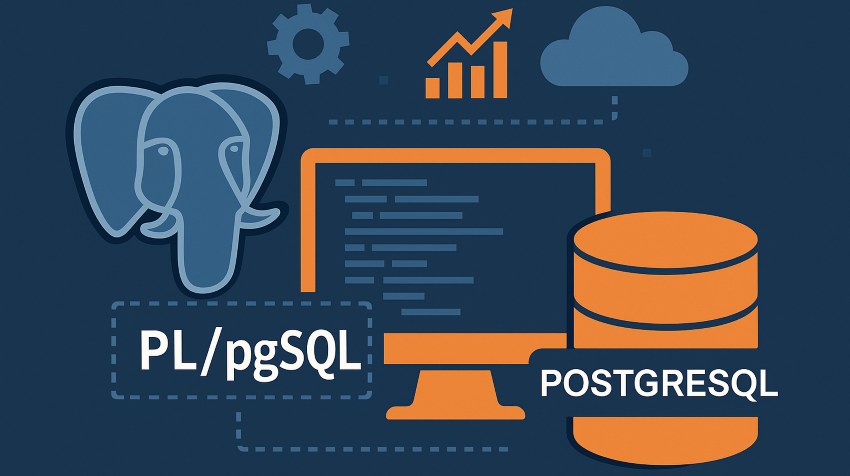 Illustration of programming with PostgreSQL and PL/pgSQL showing code, the PostgreSQL logo, a database icon, and data growth elements