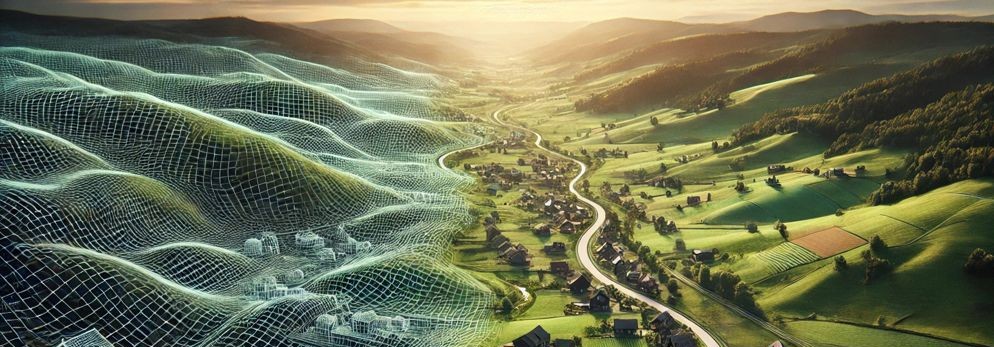 Hilly landscape with a 3D wireframe model overlayed on the left, representing a geospatial analysis of the territory.