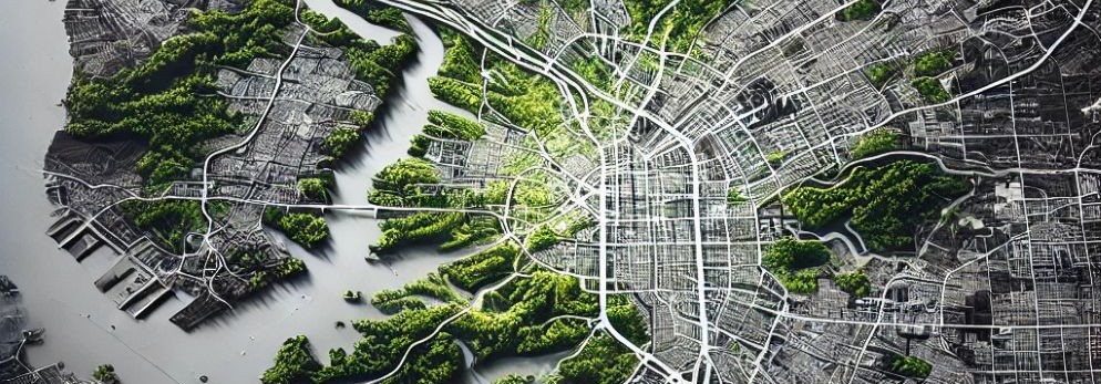 Stylized cartographic representation of a city with white roads and contrasting green spaces.